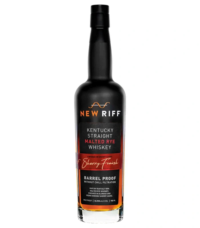 A 750mL bottle of New Riff Barrel Proof Sherry Finish Malted Rye Whiskey, with a black label featuring gold and red accents, and text noting it is barrel proof and not chill filtered.