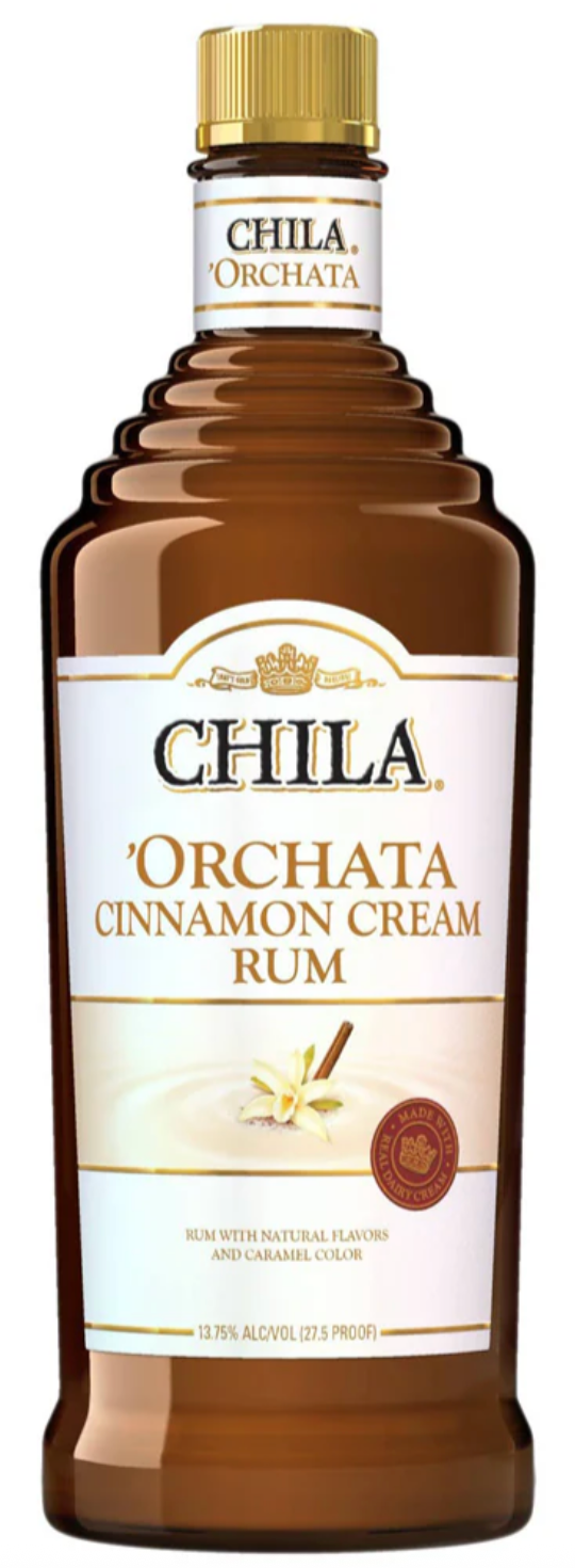 A brown, ridged bottle of Chila 'Orchata Cinnamon Cream Rum by Chila features a gold cap, cream and gold label, and displays vanilla flowers and cinnamon sticks near the bottom.