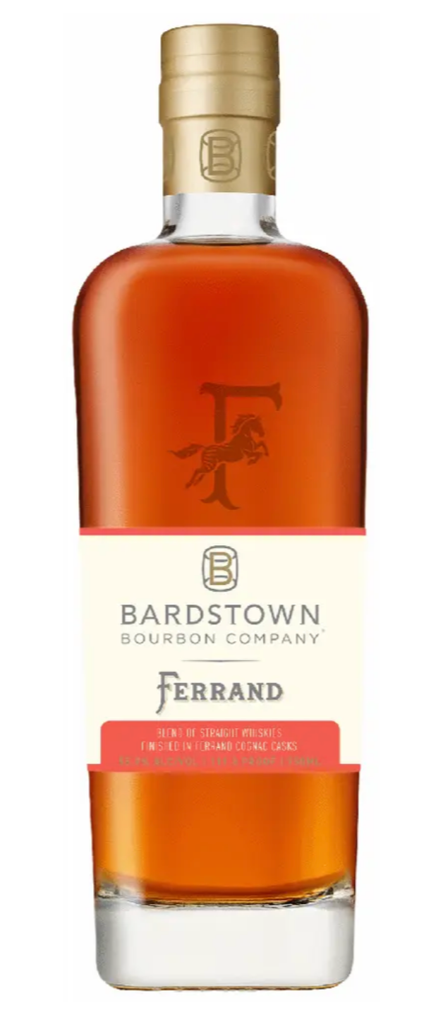 A bottle of Bardstown Bourbon Company Ferrand II Collaboration whiskey, with a tan cap, clear glass, amber liquid, and a cream label with gold and red text. The Bardstown Bourbon Company horse logo is etched on the bottle.