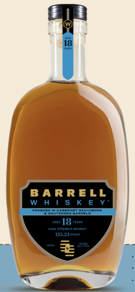 Barrell Craft Spirits' Barrell Whiskey 18 Year Cabernet Sauvignon & Sauternes Finish Cask Strength features a gold and black label and is bottled at 123.2 proof, finished in cabernet sauvignon and sauternes barrels.
