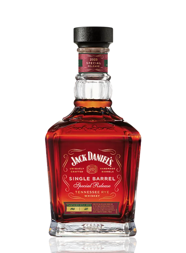 A bottle of Jack Daniel’s Single Barrel Tanyard Hill Rye 2025 Special Release, featuring dark amber whiskey in a square glass bottle with a black cap and an ornate red and gold label that highlights its high-proof Tennessee rye.