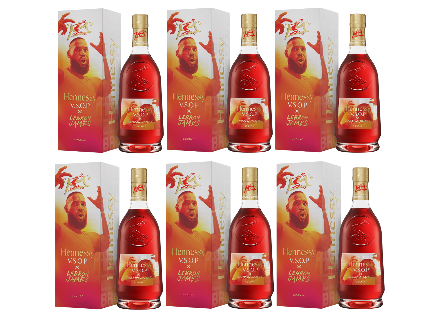 Eight bottles of Hennessy V.S.O.P x LeBron James Limited Edition Cognac, each boxed with a yellow-orange illustrated LeBron James portrait, celebrating the Hennessy collaboration.