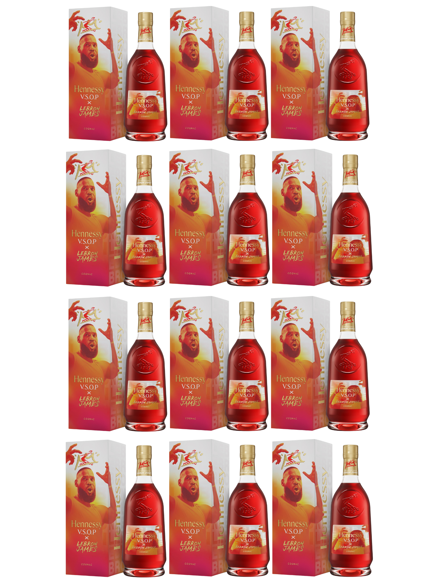 Fifteen Hennessy V.S.O.P x LeBron James Limited Edition Cognac bottles are arranged in front of their red and white boxes, which feature an illustration of a man pointing upward and anniversary graphics.