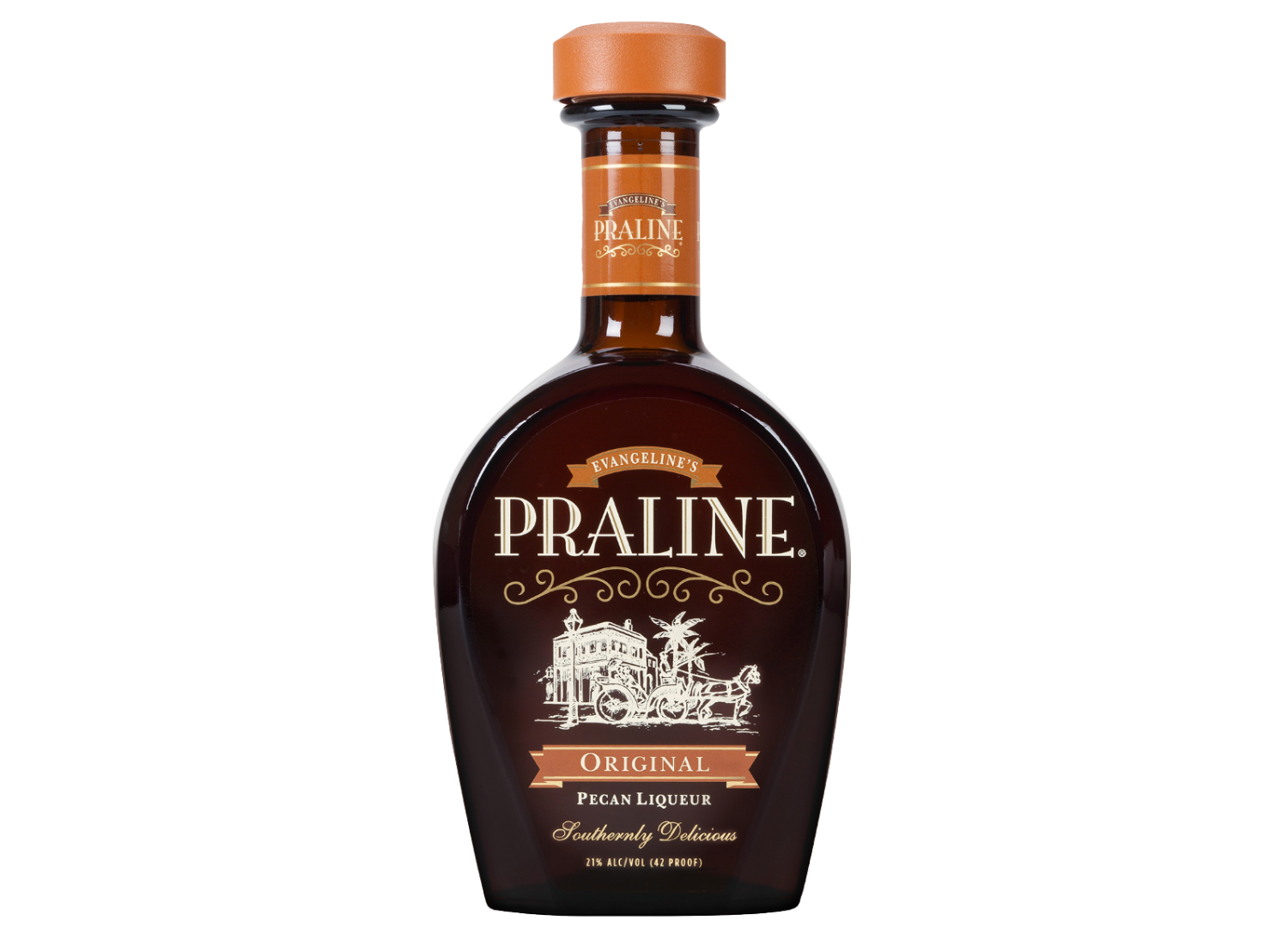 Evangeline's Praline Pecan Liqueur Original Southern Recipe comes in a dark brown bottle with an orange cap, decorative design, and horse-drawn carriage illustration—ideal for adding Southern flair to a decadent dessert cocktail.