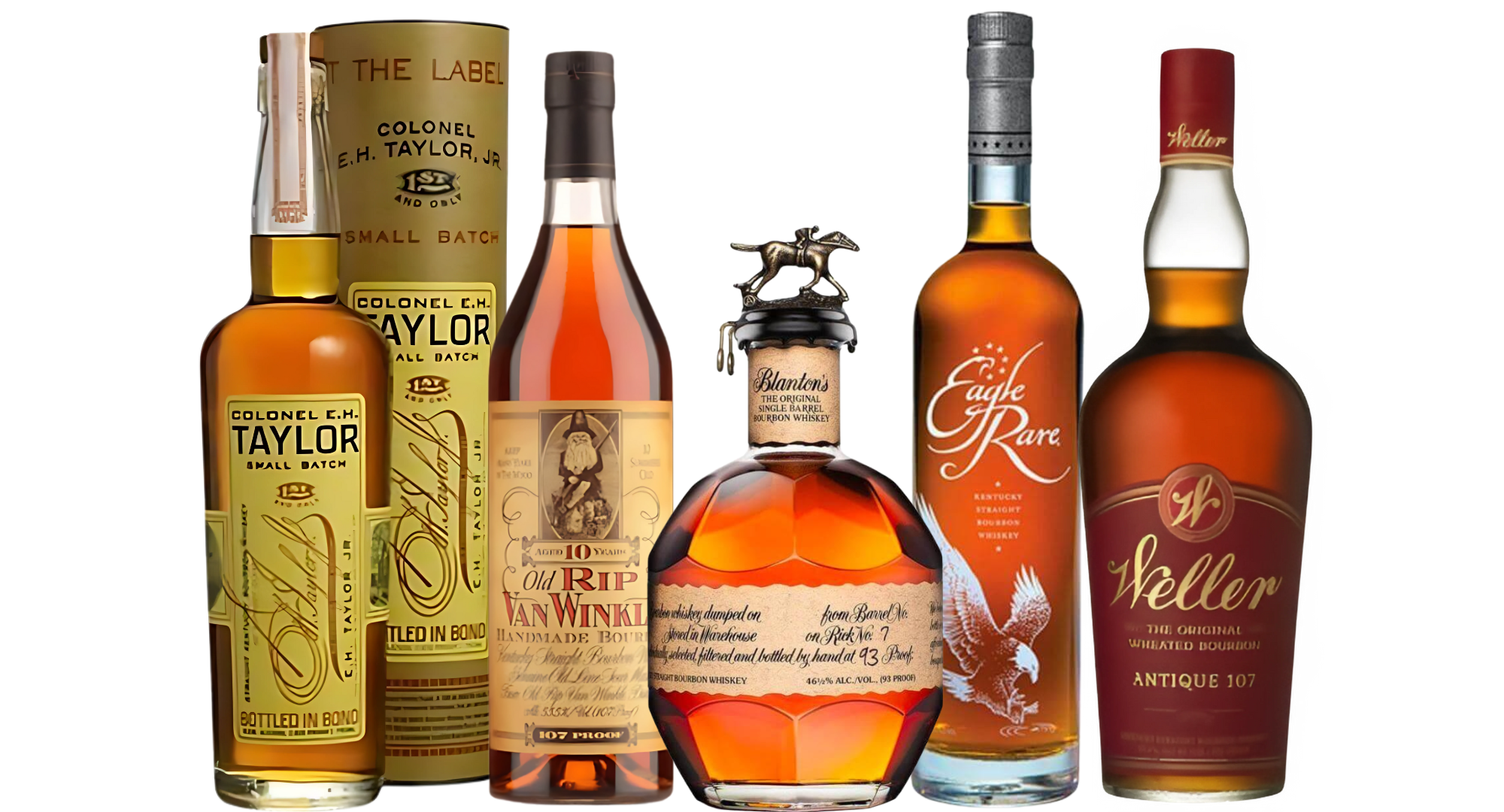 Old Rip Van Winkle 10 Year, Blanton's Single Barrel, Weller 107, E.H. Taylor Small Batch & Eagle Rare Elite Bundle (750 ml)