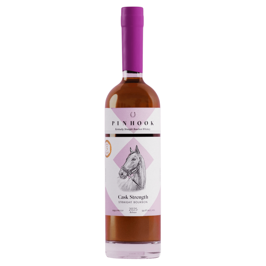 A bottle of Pinhook Bourbon 5 Year Cask Strength 2025 Release featuring a purple cap, white label with horse’s head illustration, and purple accents from Pinhook Bourbon.