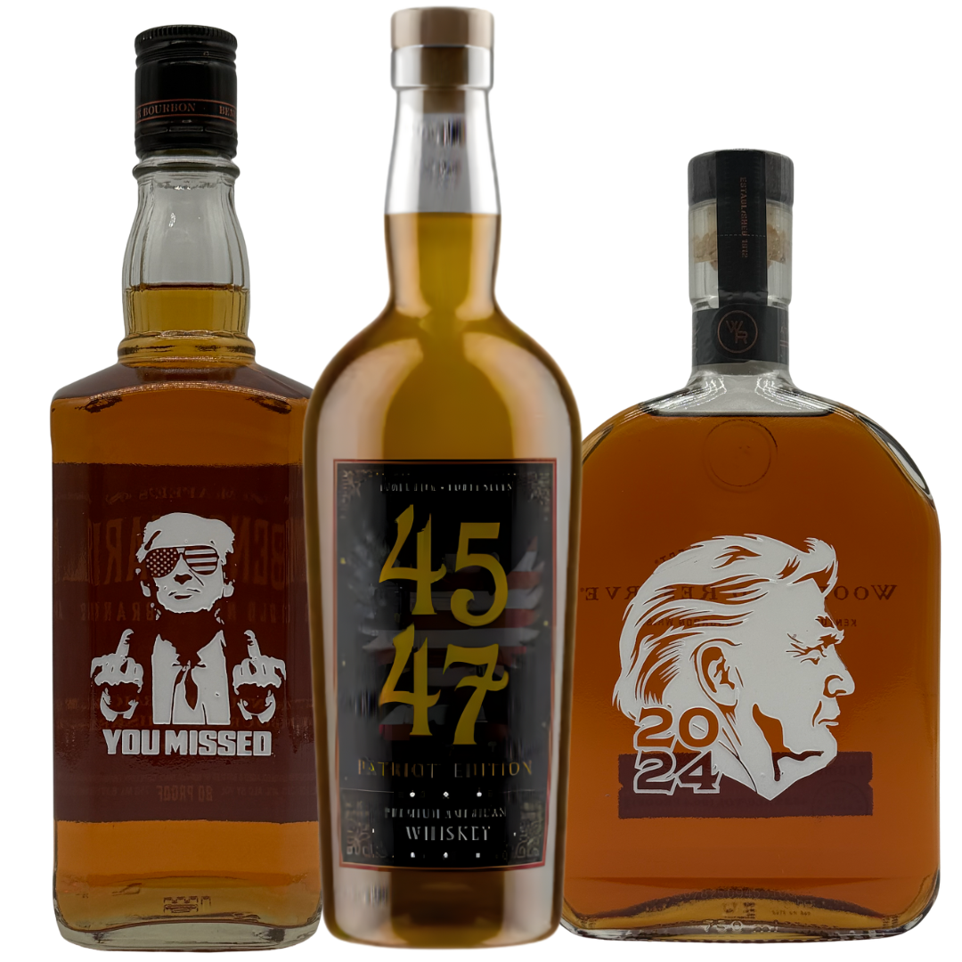 Main Street Liquor's MAGA Bundle 2nd Term Edition features 4547 American Whiskey Patriot Edition, Benchmark Old No. 8 "You Missed" Limited Edition, and Woodford Reserve "Presidential 2024" Bourbon—perfect for collectors.
