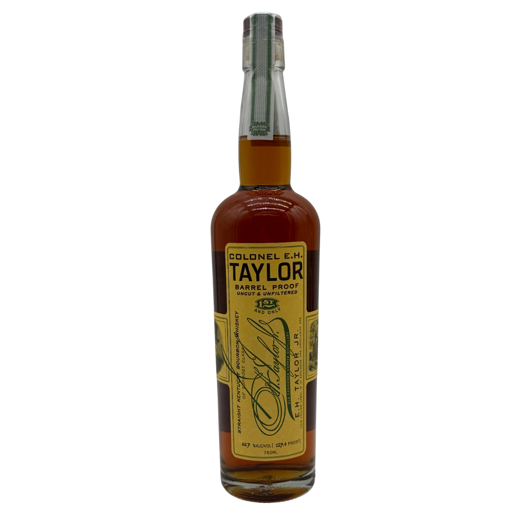 A bottle of Colonel E.H. Taylor, Jr. Barrel Proof Bourbon Batch 14 127.4 Proof stands upright on a white background, featuring a yellow label with black text and silver foil seal—crafted by the renowned Colonel E.H. Taylor brand.