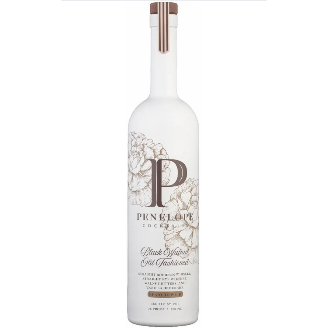 A tall, white bottle labeled Penelope Bourbon with elegant floral designs and a large P on the front. Copper-toned accents highlight this ready-to-pour cocktail: Penelope Black Walnut Old Fashioned, made with bourbon whiskey.