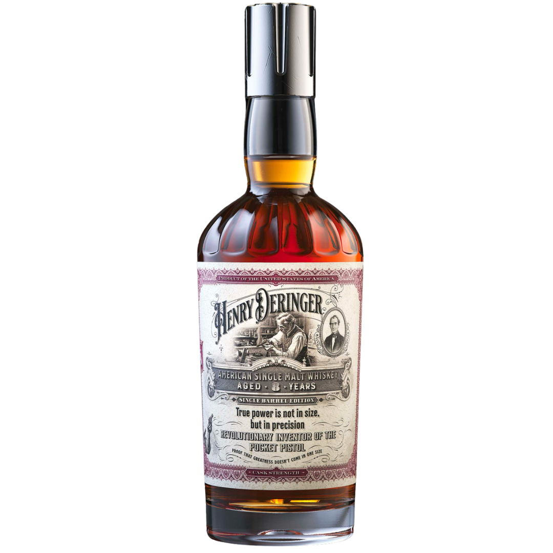 A bottle of World Whiskey Society's Henry Deringer 8 Year Cask Strength Single Barrel American Single Malt Whiskey, featuring a brown liquid, ornate vintage-style label, and silver cap.