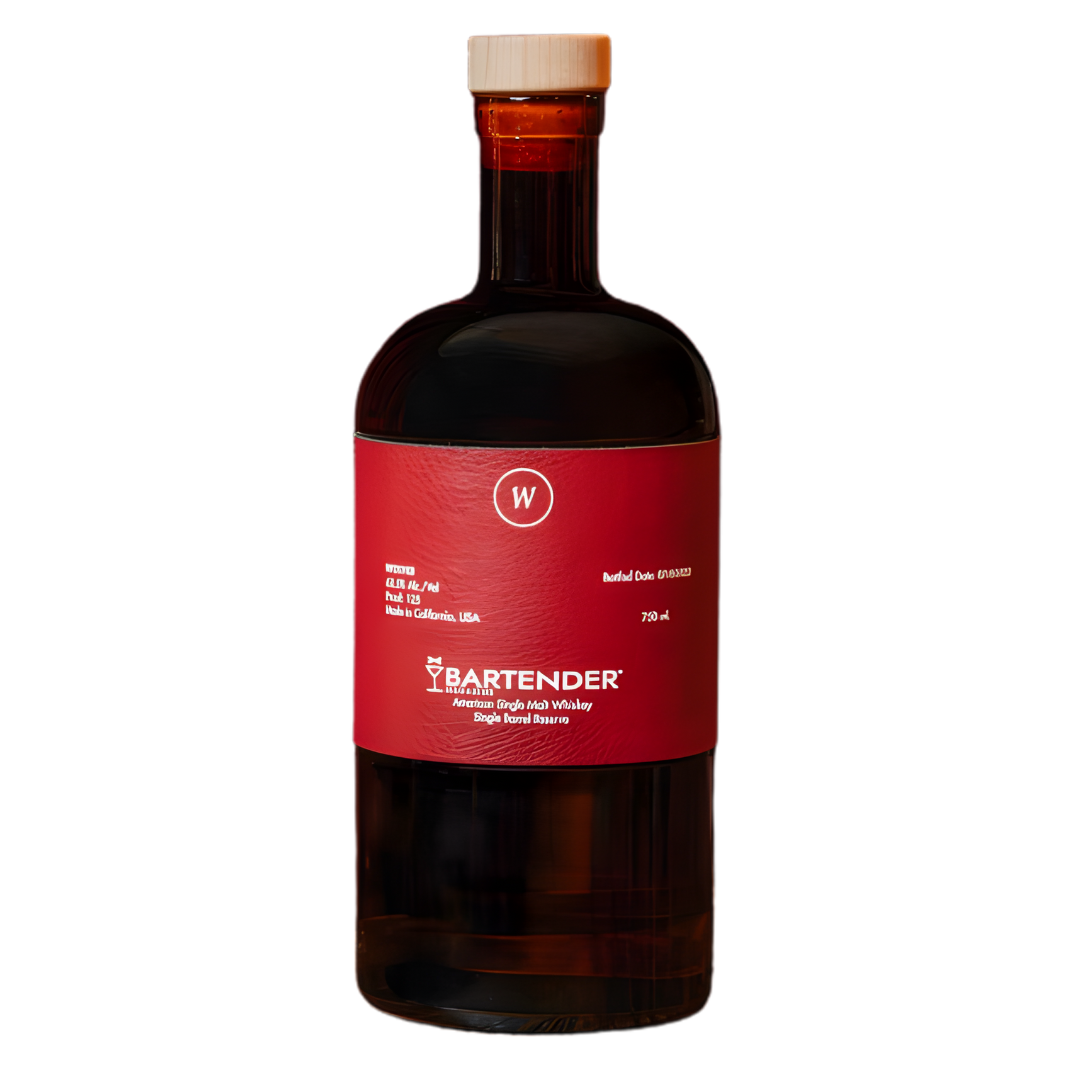 A dark brown glass bottle with a wooden cap and red label reads Wolves Whiskey x Bartender Magazine 11 Year American Single Malt Limited Single Barrel (PRE-ORDER), featuring batch and bottling details for this exclusive release.