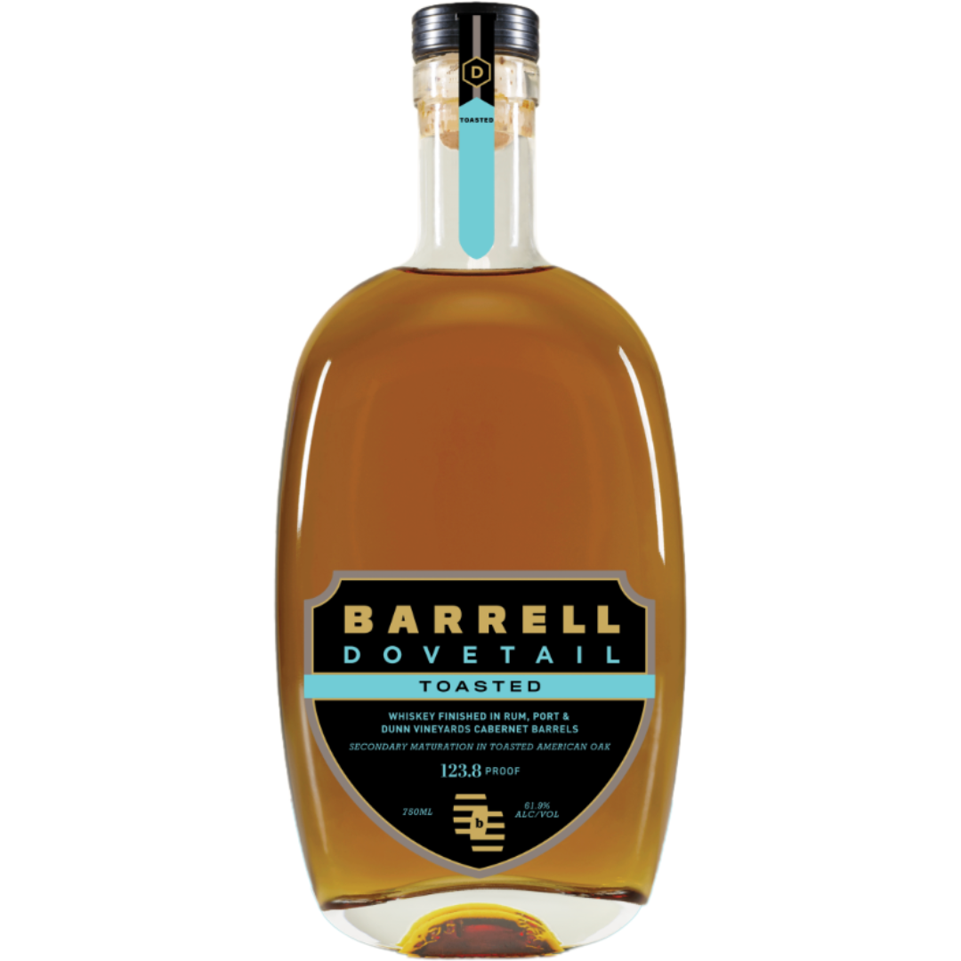 A 123.4-proof bottle of Barrell Craft Spirits’ Barrell Dovetail Toasted Black Label Series Whiskey, a limited release with a clear label and black-teal accents, detailing finishing in rum, port, and cabernet barrels.