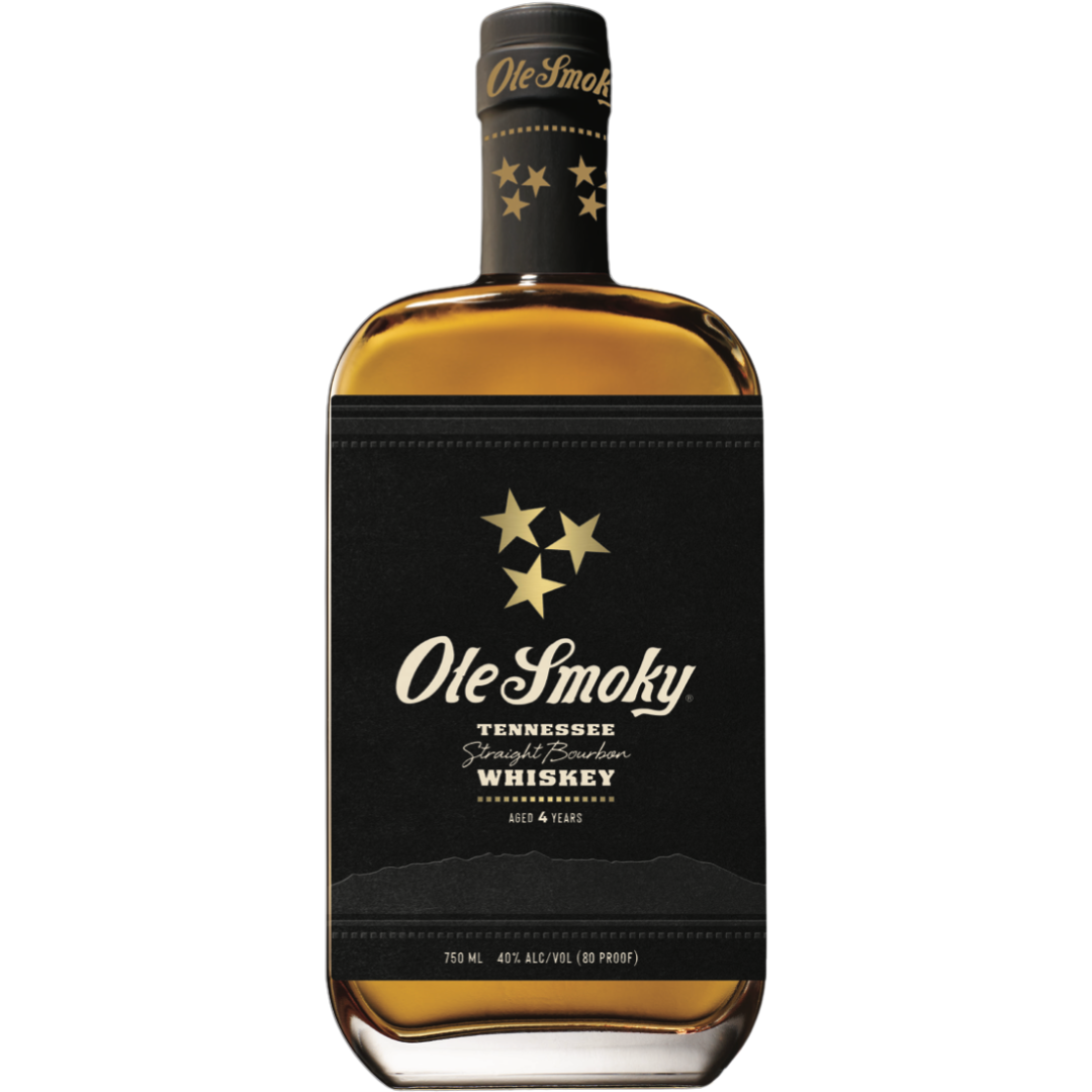 A 750 mL bottle of Ole Smoky Tennessee Straight Bourbon Whiskey, 40% ABV, aged 4 years. Features a black label with three stars and gold lettering. Brand: Ole Smoky.
