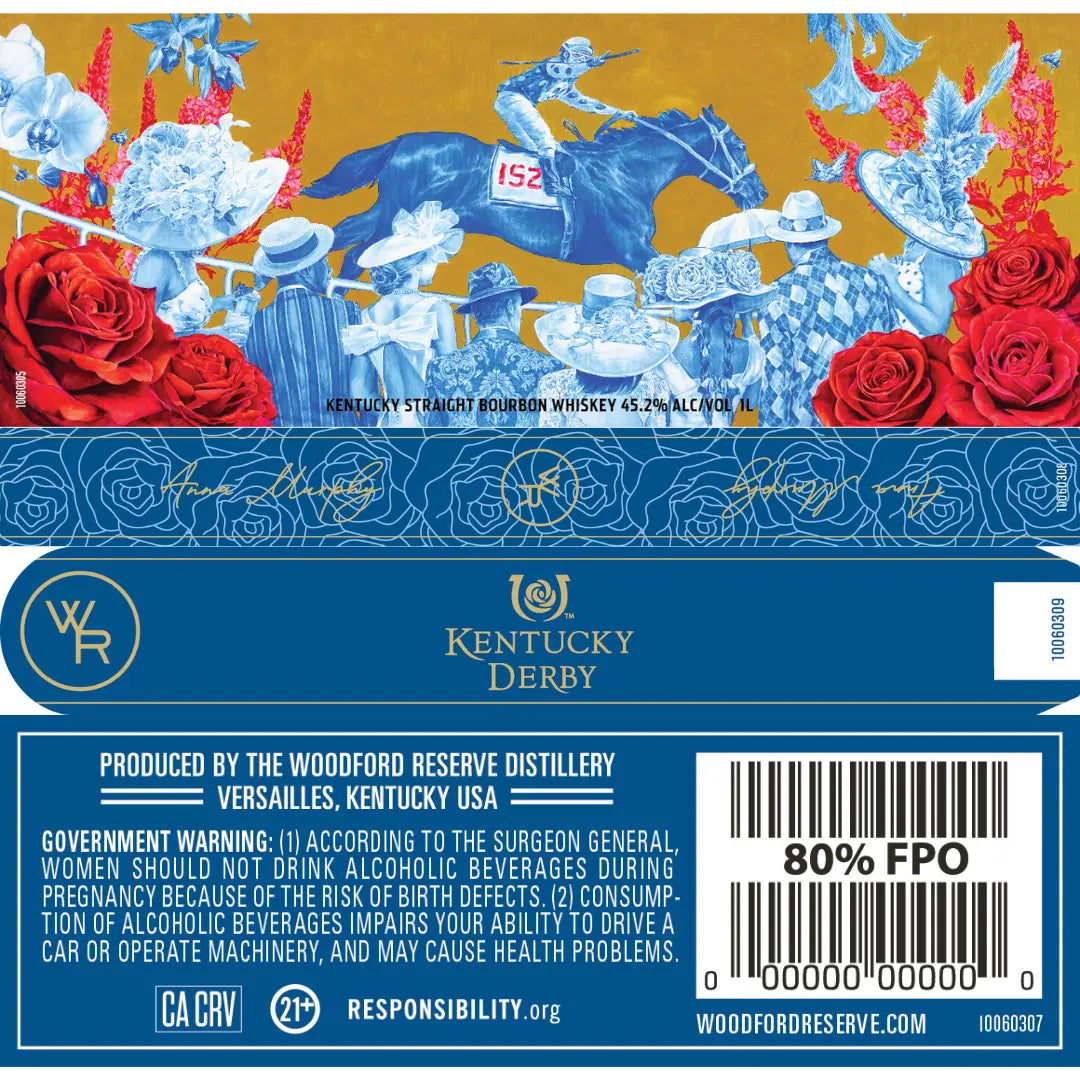 The Woodford Reserve Kentucky Derby 152 Edition 1L (PRE-ORDER) features a vibrant label with blue-toned jockeys on horses, red roses, golden accents, and standout Woodford Reserve branding above government warnings and a barcode.