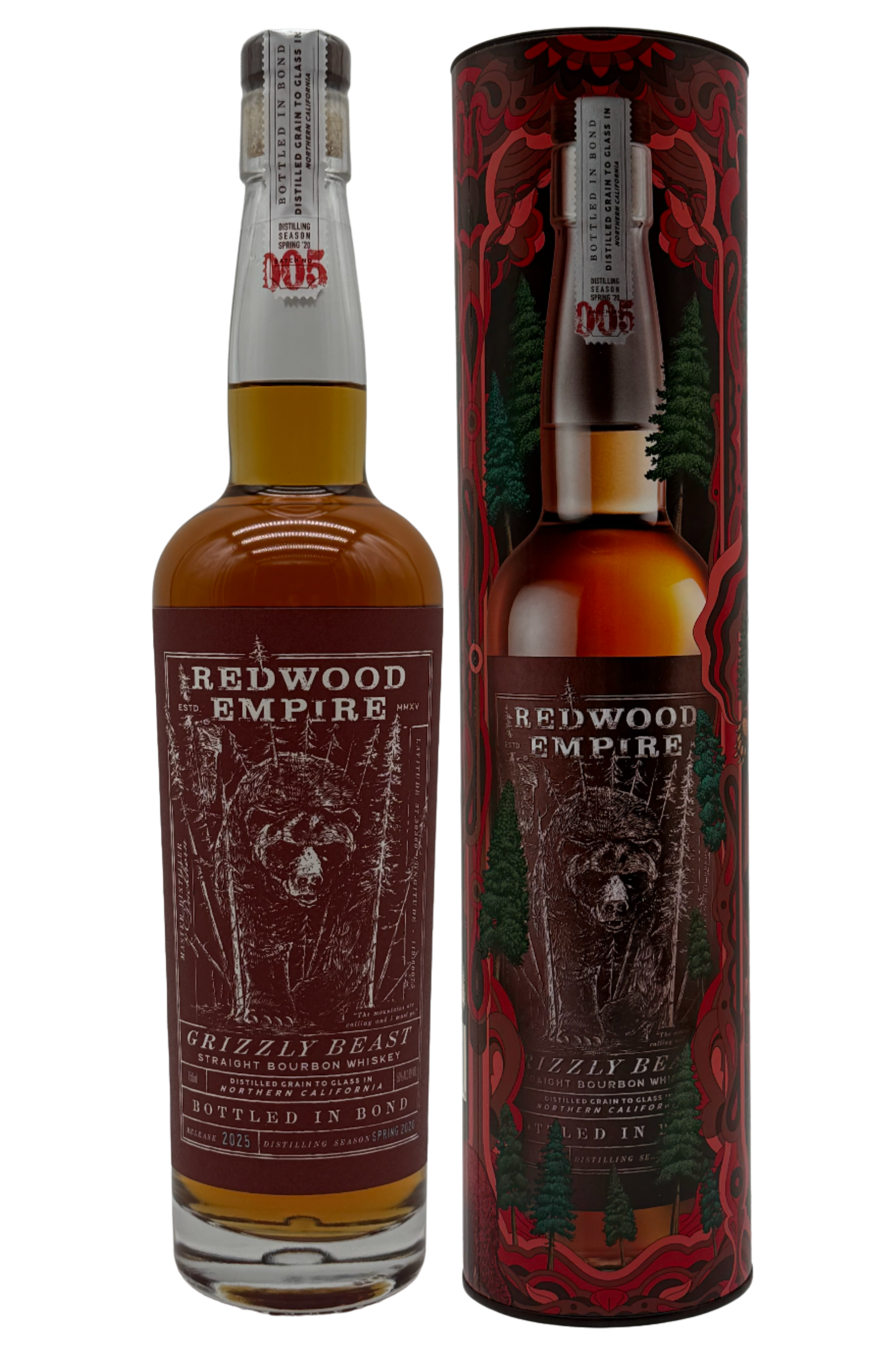 A bottle of Redwood Empire Grizzly Beast Bottled in Bond Straight Bourbon Whiskey Batch 005 2025 Release by Redwood Empire Whiskey stands beside its matching cylindrical box, both boasting brown labels with bear art and forest-inspired red and green designs.