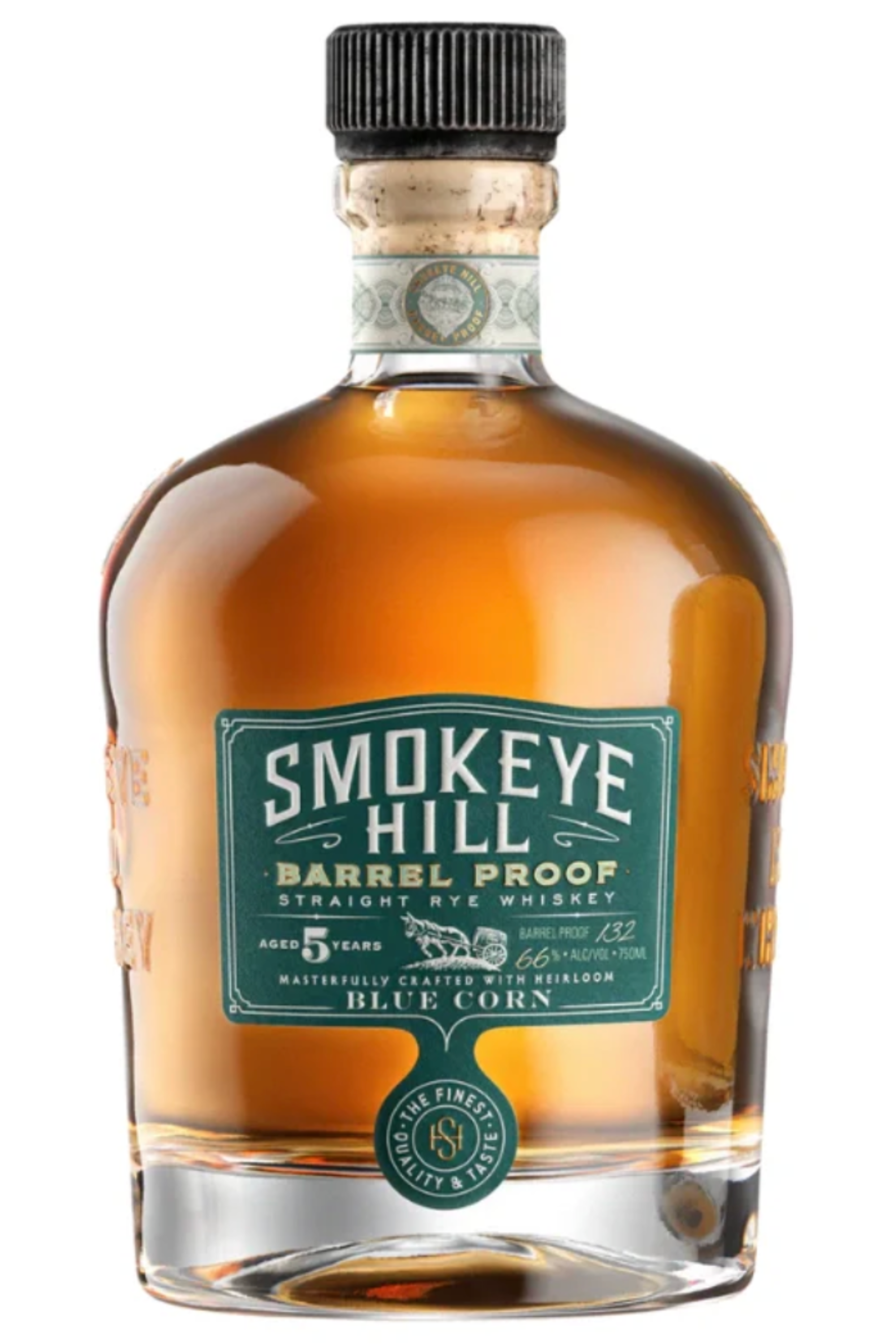 A bottle of Smokeye Hill Barrel Proof Straight Rye Whiskey 5 Year Heirloom Blue Corn, aged 5 years, made from blue corn and bottled at 56.8% ABV, featuring a green label.