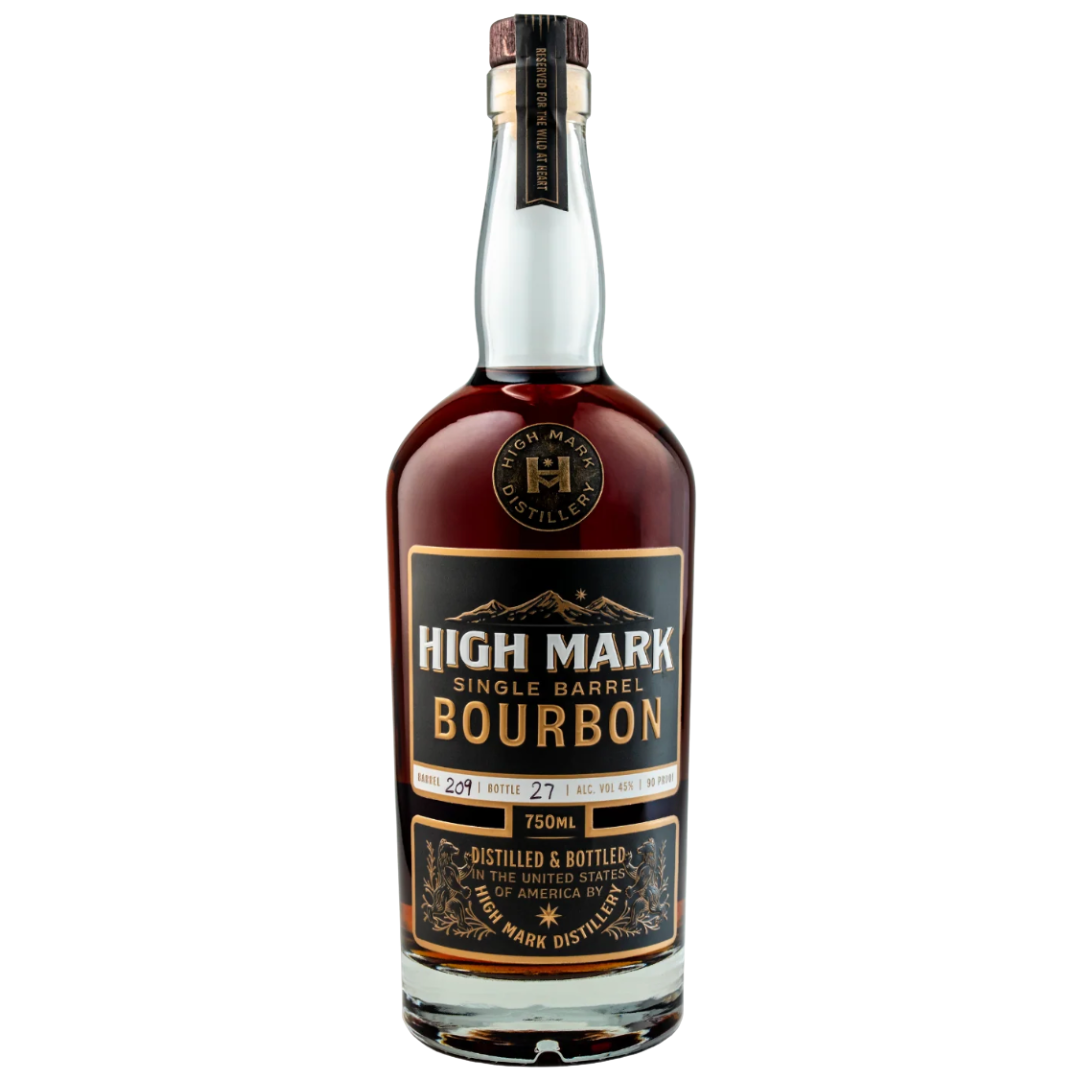 A 750ml bottle of High Mark Single Barrel Bourbon Distiller's Reserve, 47% ABV, with a black and gold label, crafted as a premium small-batch whiskey by High Mark.