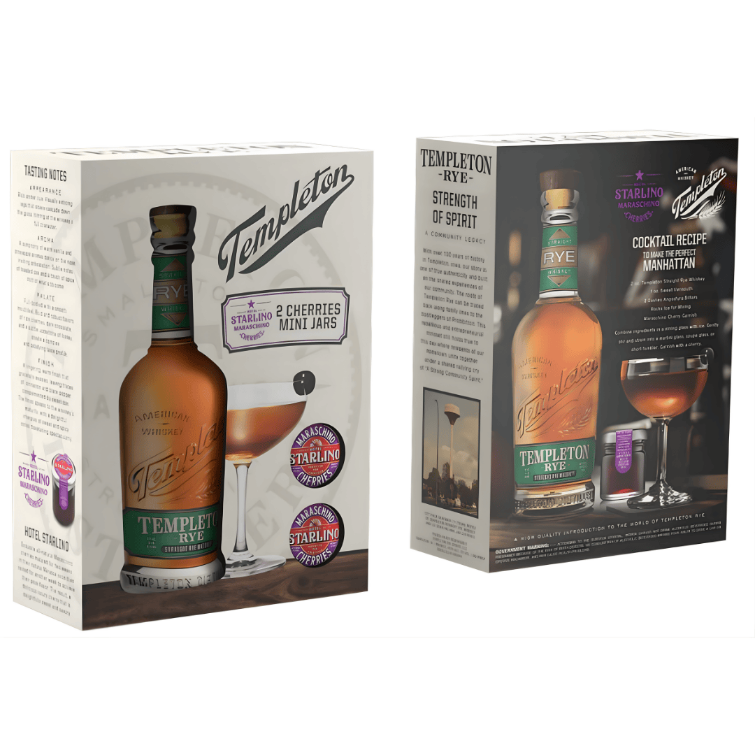 The Templeton Rye Whiskey 4 Yr Gift Pack includes whiskey bottles, cocktail glasses, and mini Starling cocktail cherries—an ideal gift. The box features Templeton Rye branding, tasting notes, and a Manhattan recipe.