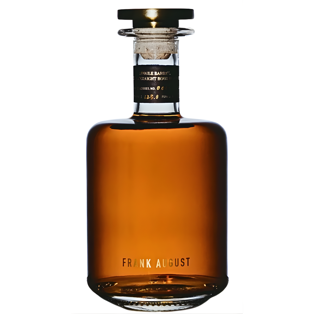 A glass bottle of Frank August 7 Year Single Barrel Bourbon by Frank August, featuring a cork stopper and a black neck label, displayed against a white background.