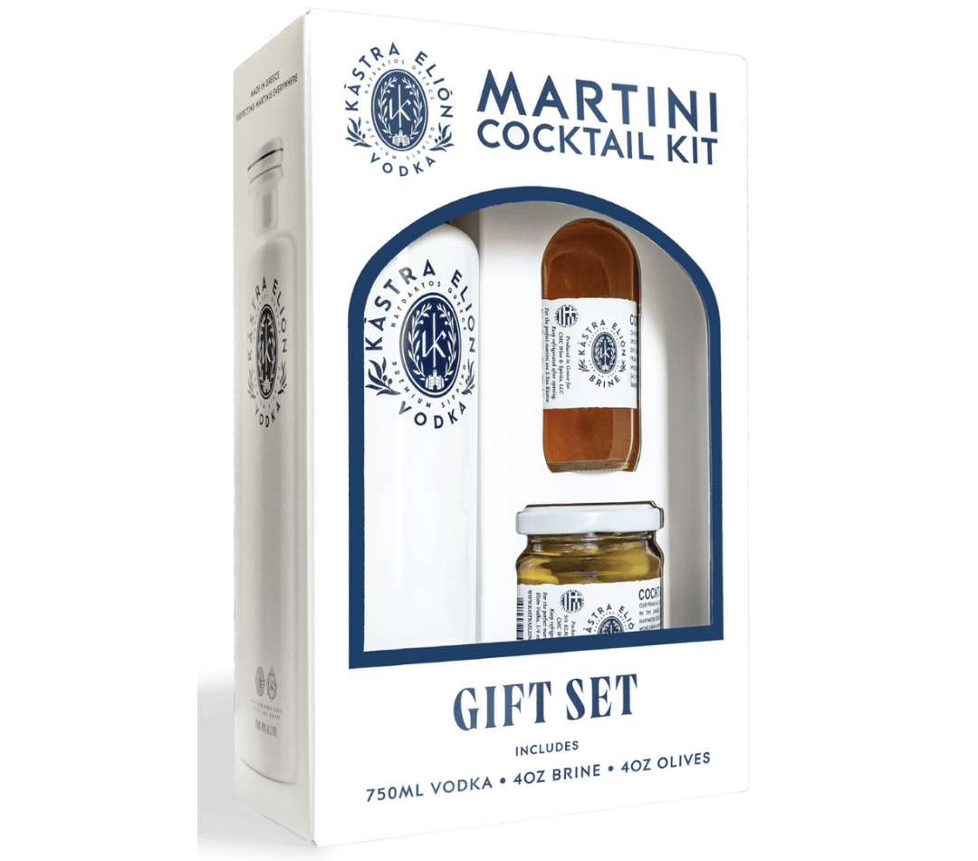 Kastra Elion Vodka Martini Cocktail Gift Set (750mL Vodka + 4oz Brine + 4oz Olives)