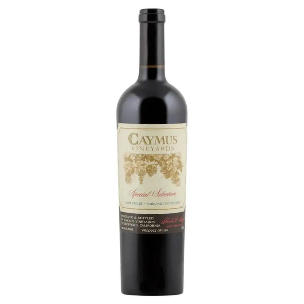 A bottle of Caymus Vineyards Special Selection Napa Valley Cabernet Sauvignon with a cream label featuring gold grapevine art and bold text, honored as a Wine Spectator Wine of the Year, set against a white background.