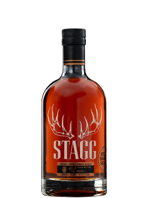 A bottle of Buffalo Trace Stagg Sazerac Barrel Select 124.0 Proof bourbon whiskey with a black cap, amber liquid, and a label displaying white antlers above the bold "STAGG" lettering.