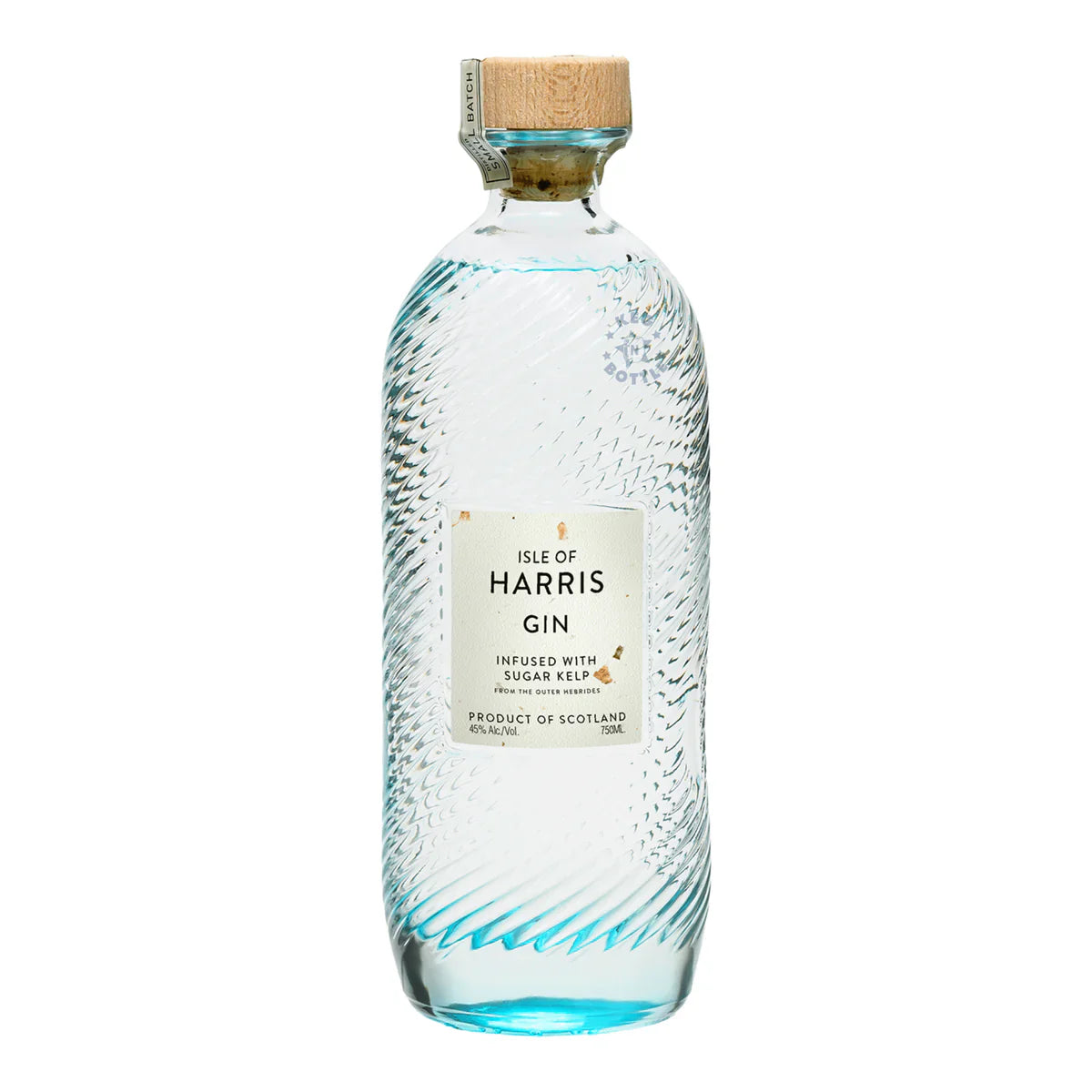 A clear, textured glass bottle of Isle of Harris Sugar Kelp Infused Gin by Isle Of Harris, featuring a wooden cork stopper and white label. This Scottish artisan gin is uniquely infused with sugar kelp and crafted in Scotland.