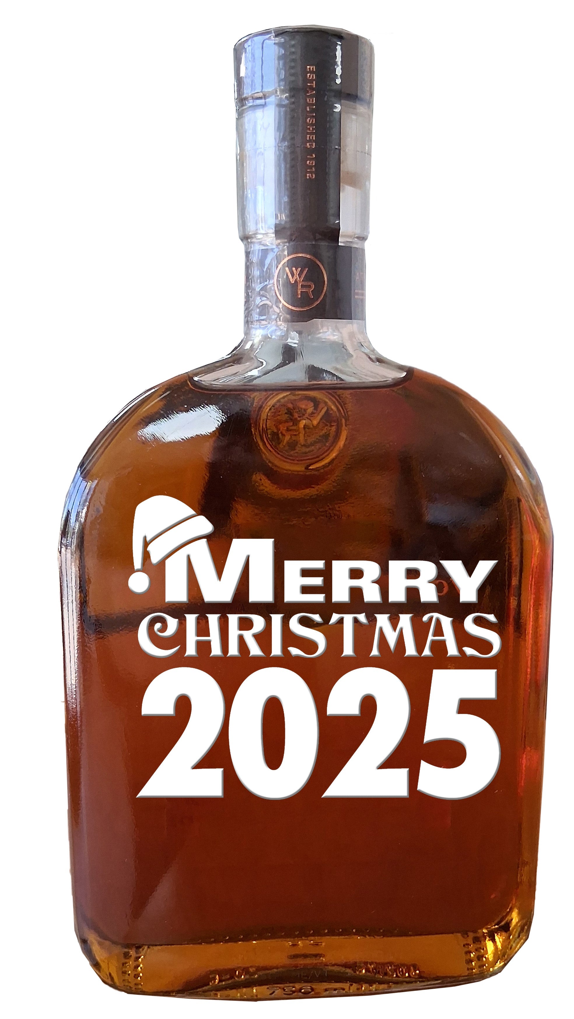 A bottle of Woodford Reserve Limited Edition "Merry Christmas 2025" Bourbon, with bold white lettering and a Santa hat on the M in Merry, stands out against a white background.