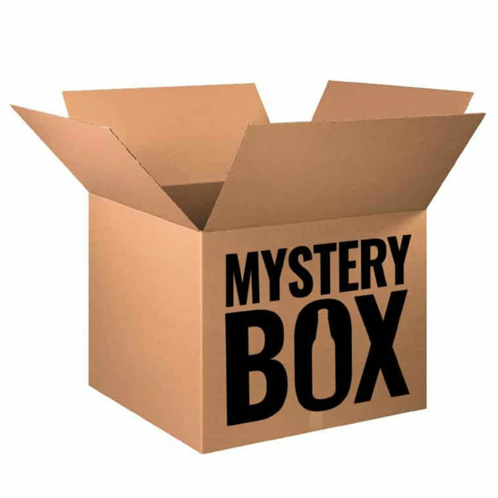 An open plain cardboard box with "Main Street Liquor Whiskey $99 Mystery Box (Up to $999 Value)" in bold black letters on the side, set against a white background—inviting you to discover rare whiskey surprises inside.