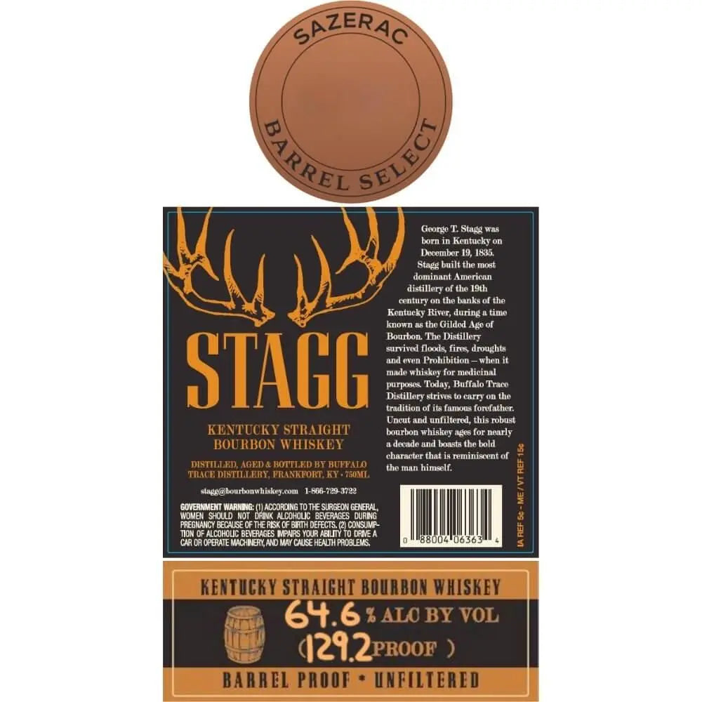 Label for Stagg Sazerac Barrel Select 124.0 Proof by Buffalo Trace, featuring antlers, rich text, Sazerac Barrel Select stamp, and details: 62% alc/vol (124.0 proof), barrel-proof Kentucky Straight Bourbon Whiskey.